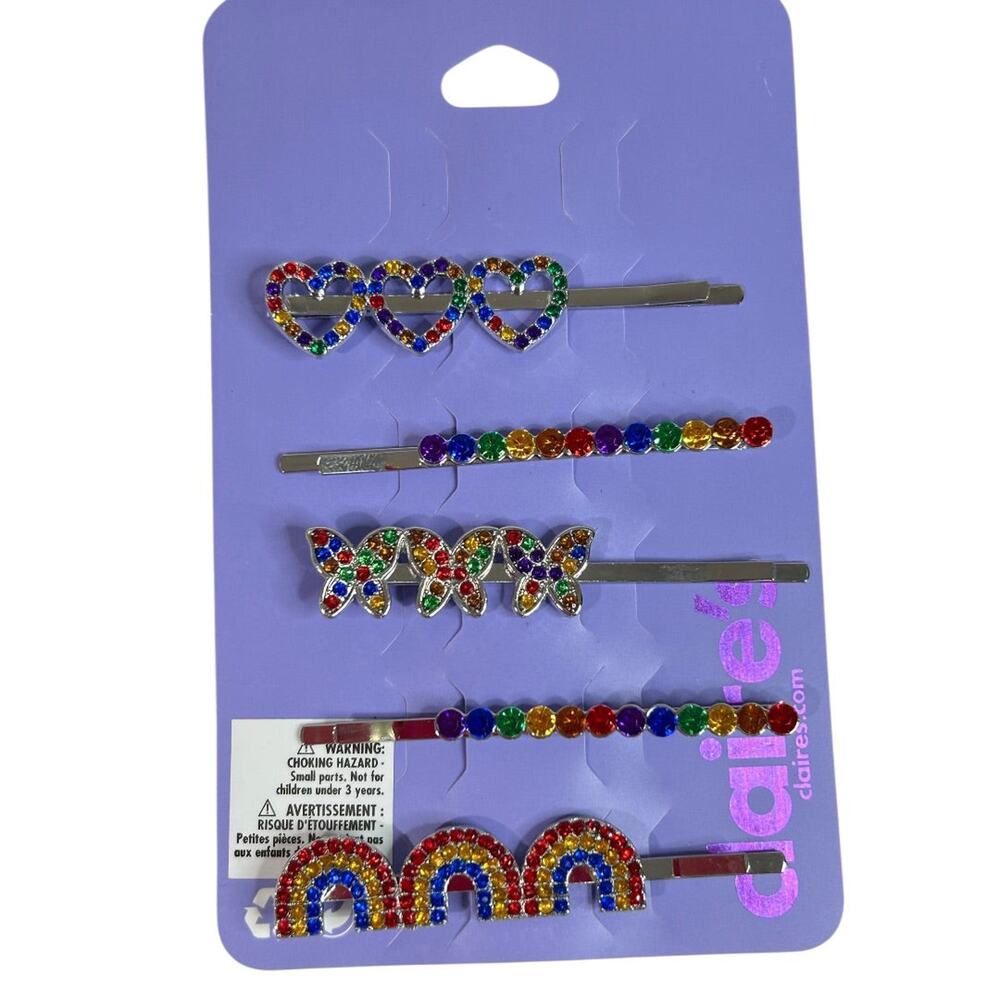 Claires New Rainbow Heart Sparkly Hair Bobby Pin Heart Butterfly